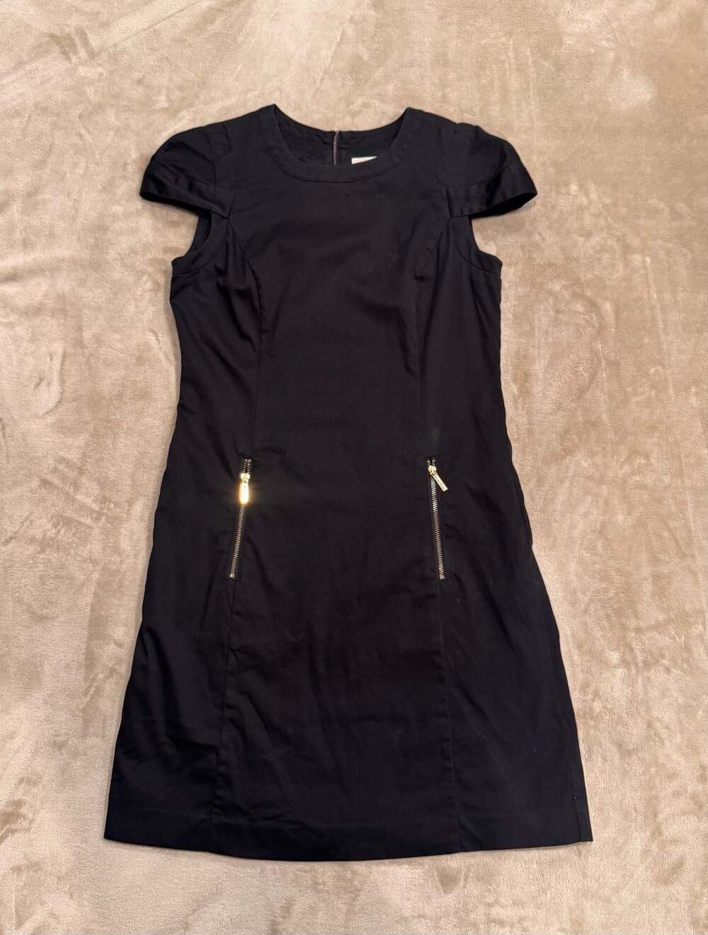 Michael Kors Black Sheath Dress Size 4 Cap Sleeve Gold Zip Pocket Work Office